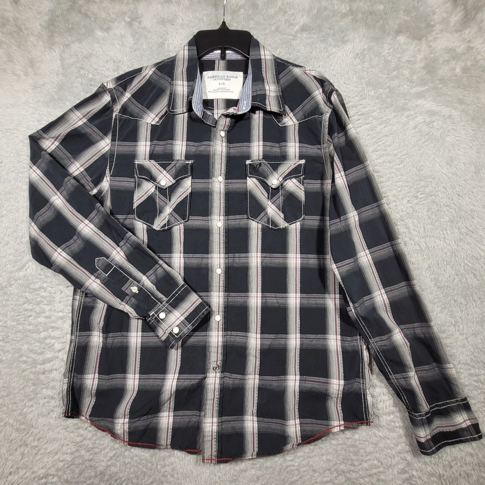 American Eagle Pearl Snap Western Shirt Mens Large Black Plaid‎ Vintage Fit